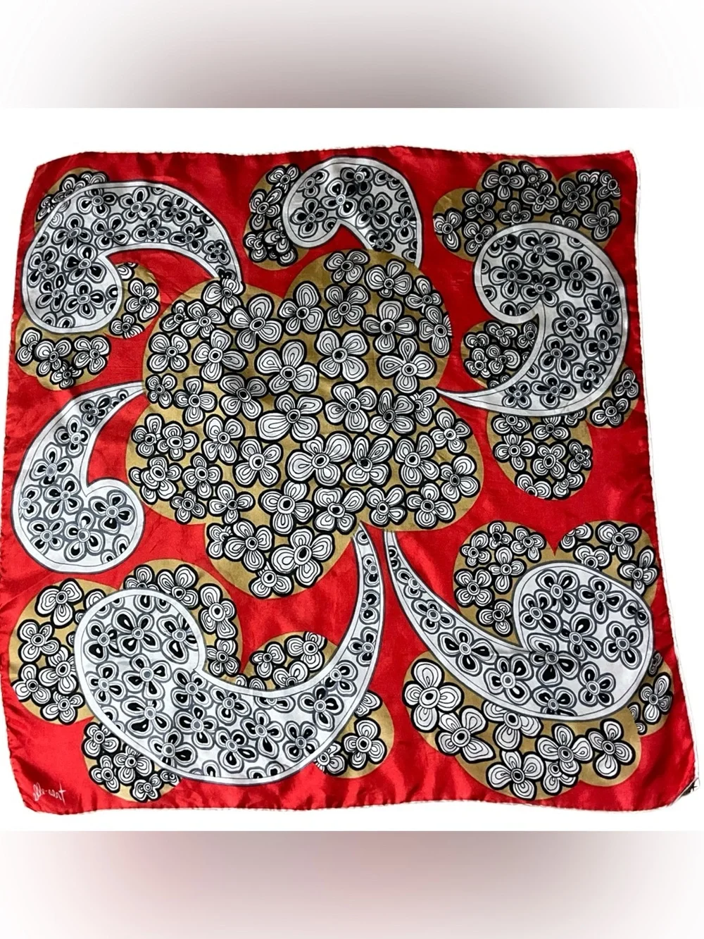 Vintage Tres-Elle 100% Silk Scarf Japan Red Mod Floral Paisley 26” Square